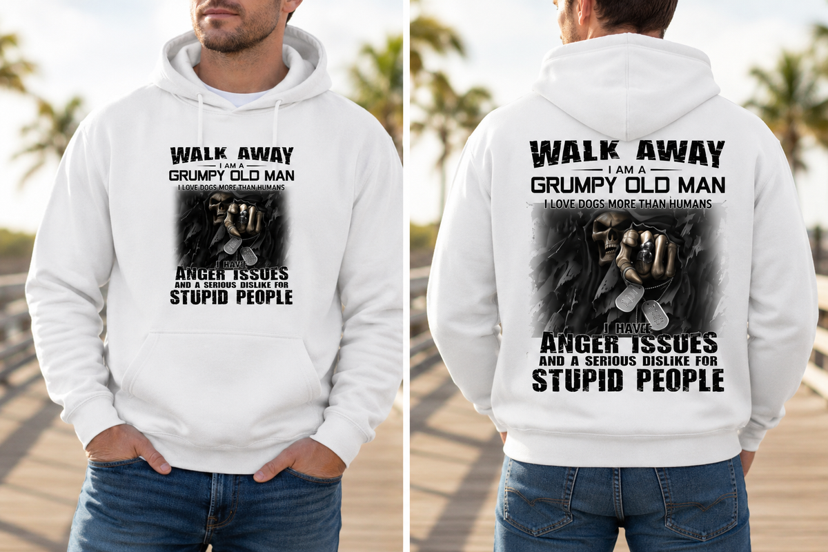 Walk Away, I'm a Grumpy Old Man Sarcastic Fleece Lined Hoodie (Black Letters)