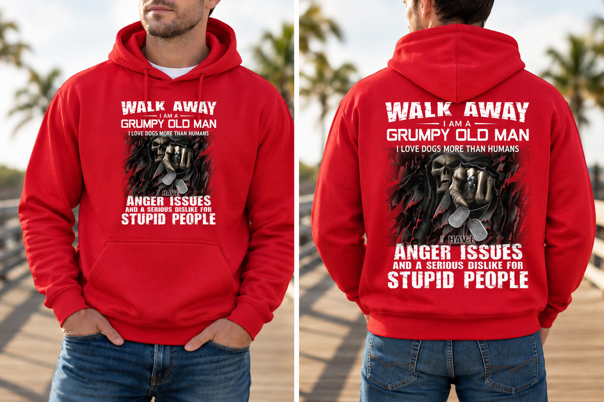 Walk Away, I'm a Grumpy Old Man Sarcastic Fleece Lined Hoodie (Black Letters)
