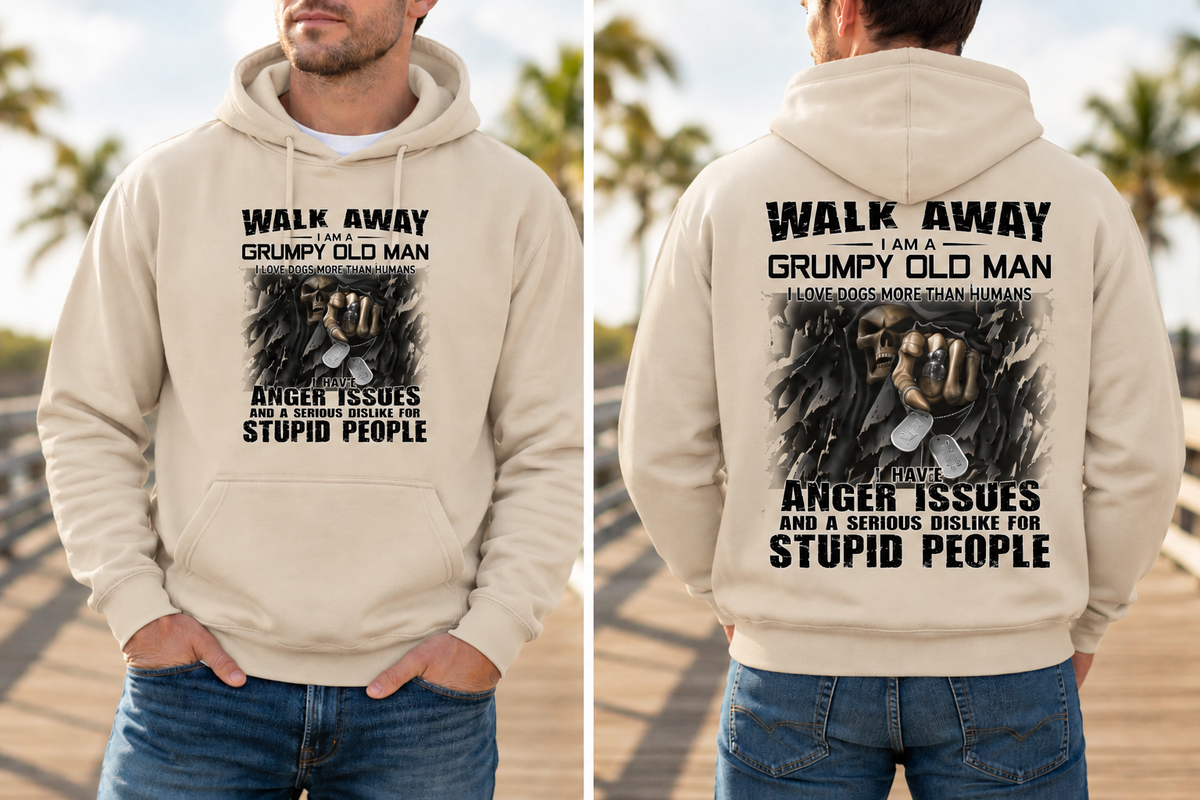 Walk Away, I'm a Grumpy Old Man Sarcastic Fleece Lined Hoodie (Black Letters)