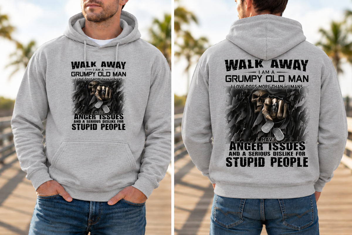 Walk Away, I'm a Grumpy Old Man Sarcastic Fleece Lined Hoodie (Black Letters)