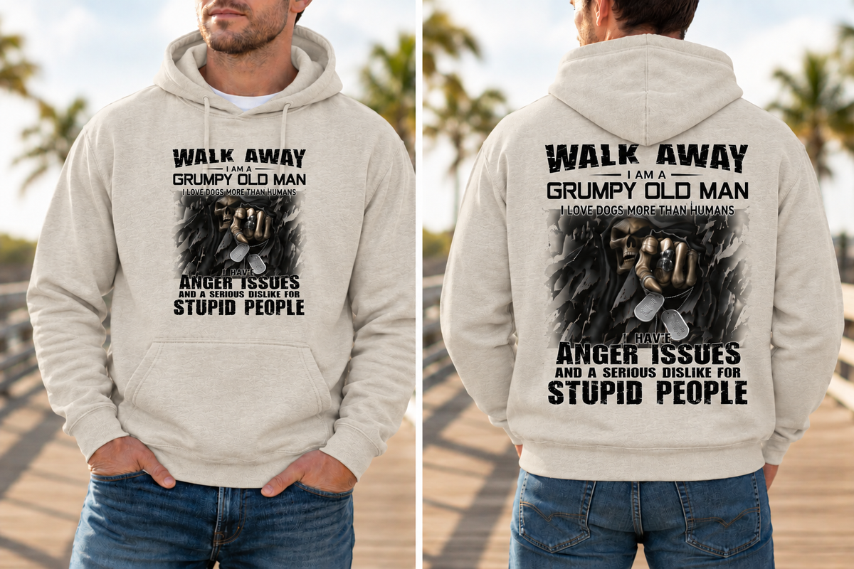 Walk Away, I'm a Grumpy Old Man Sarcastic Fleece Lined Hoodie (Black Letters)