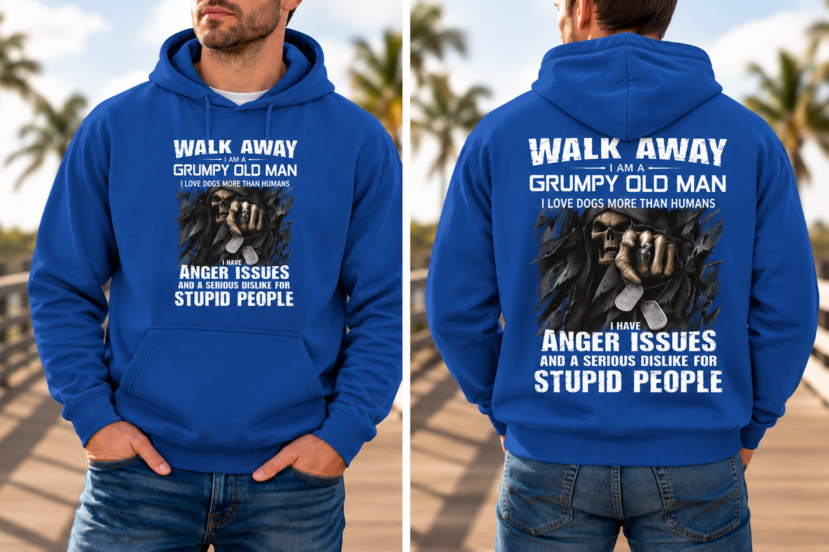 Walk Away, I'm a Grumpy Old Man Sarcastic Fleece Lined Hoodie (White letters)