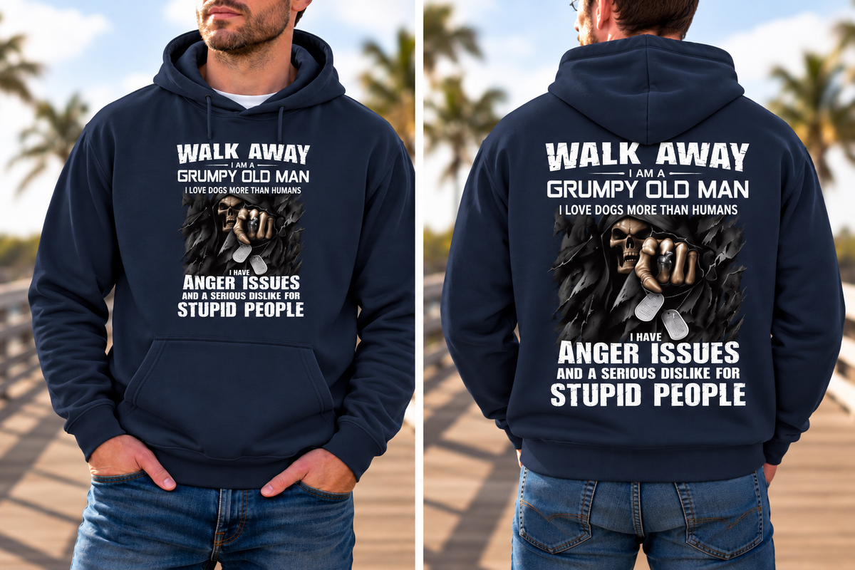 Walk Away, I'm a Grumpy Old Man Sarcastic Fleece Lined Hoodie (White letters)