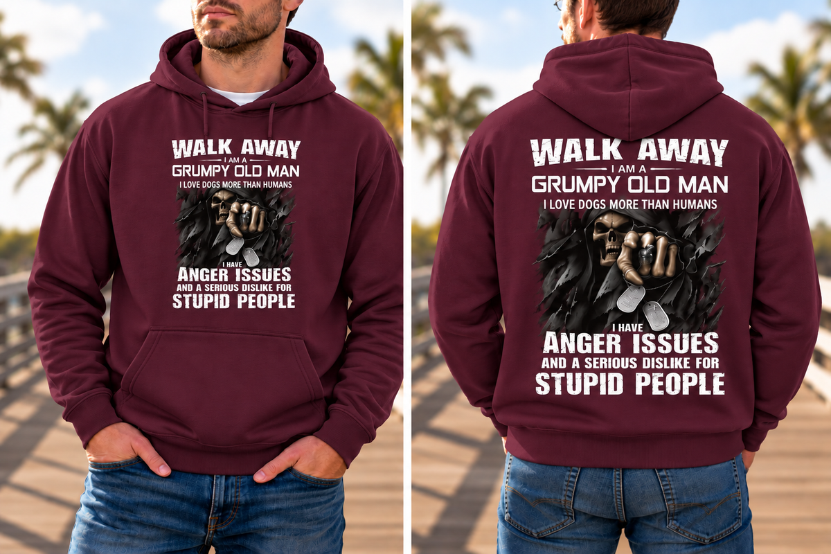 Walk Away, I'm a Grumpy Old Man Sarcastic Fleece Lined Hoodie (White letters)