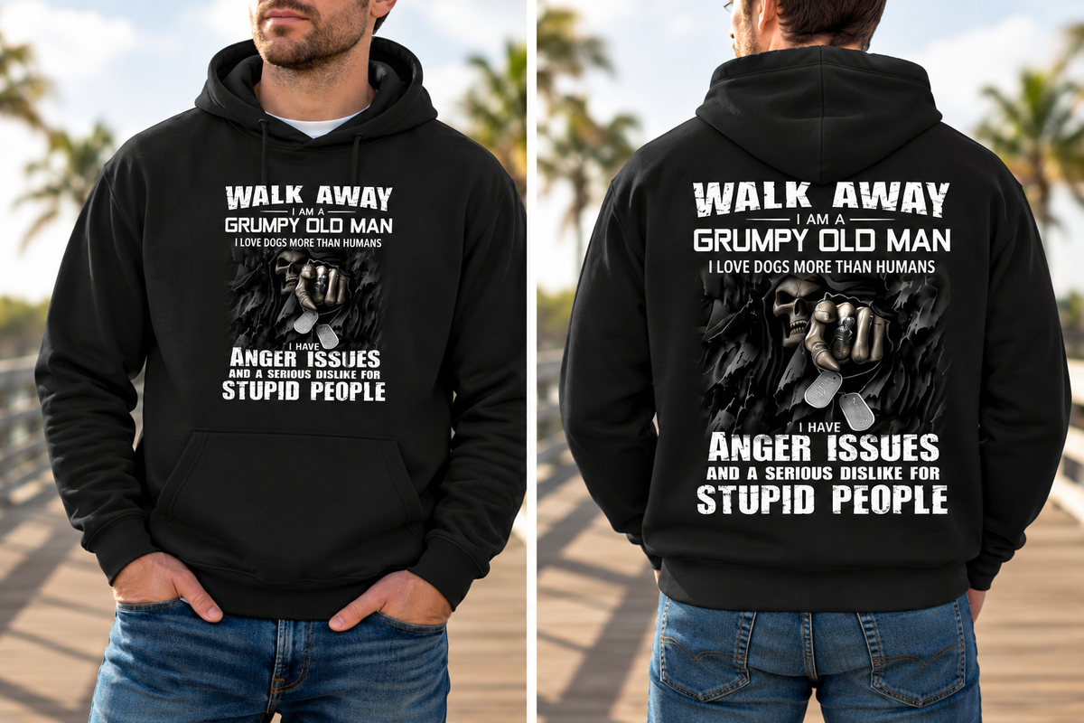 Walk Away, I'm a Grumpy Old Man Sarcastic Fleece Lined Hoodie (White letters)