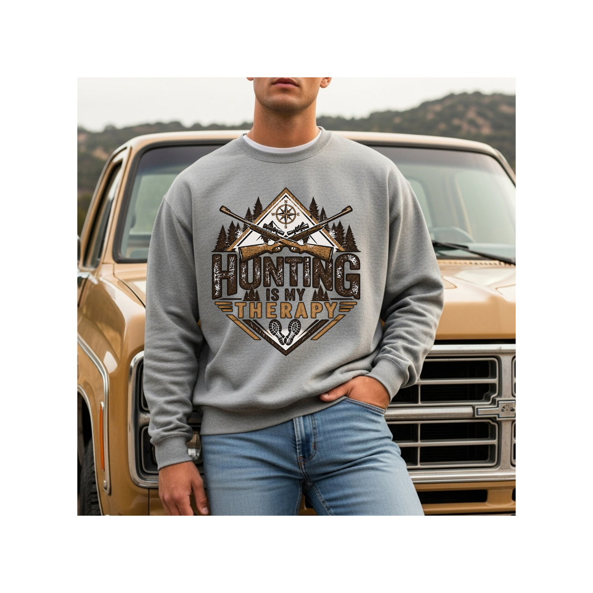 Hunting is My Therapy - Outdoor Hunting Graphic Crewneck Sweatshirt