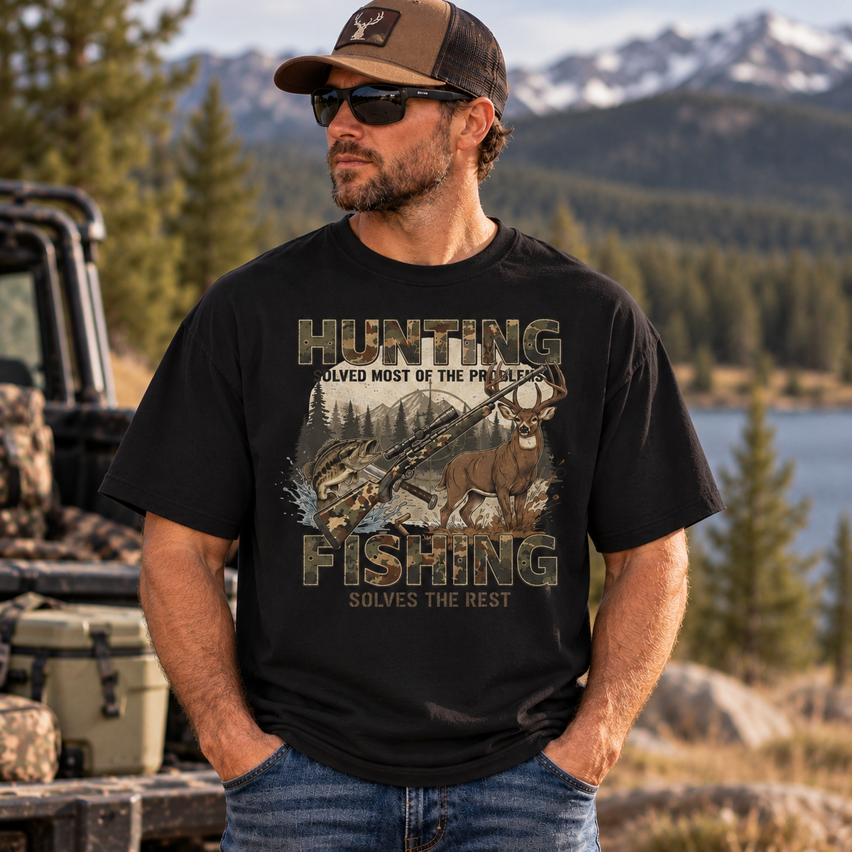 Hunting and Fishing Outdoors Graphic Oversized Boxy T-Shirt