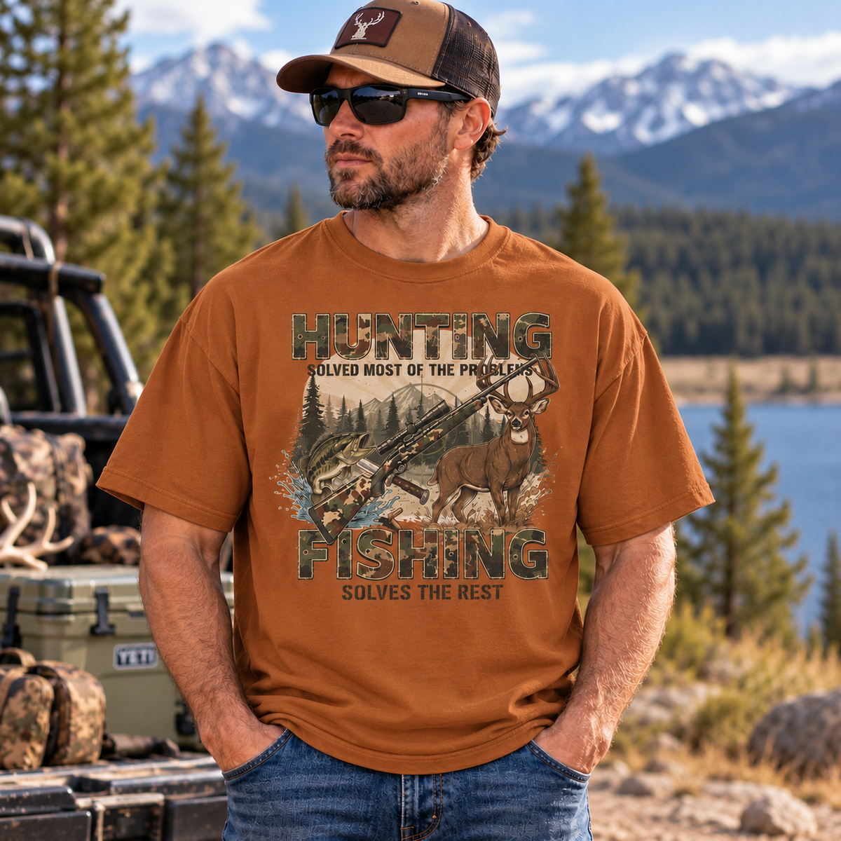 Hunting and Fishing Outdoors Graphic Oversized Boxy T-Shirt