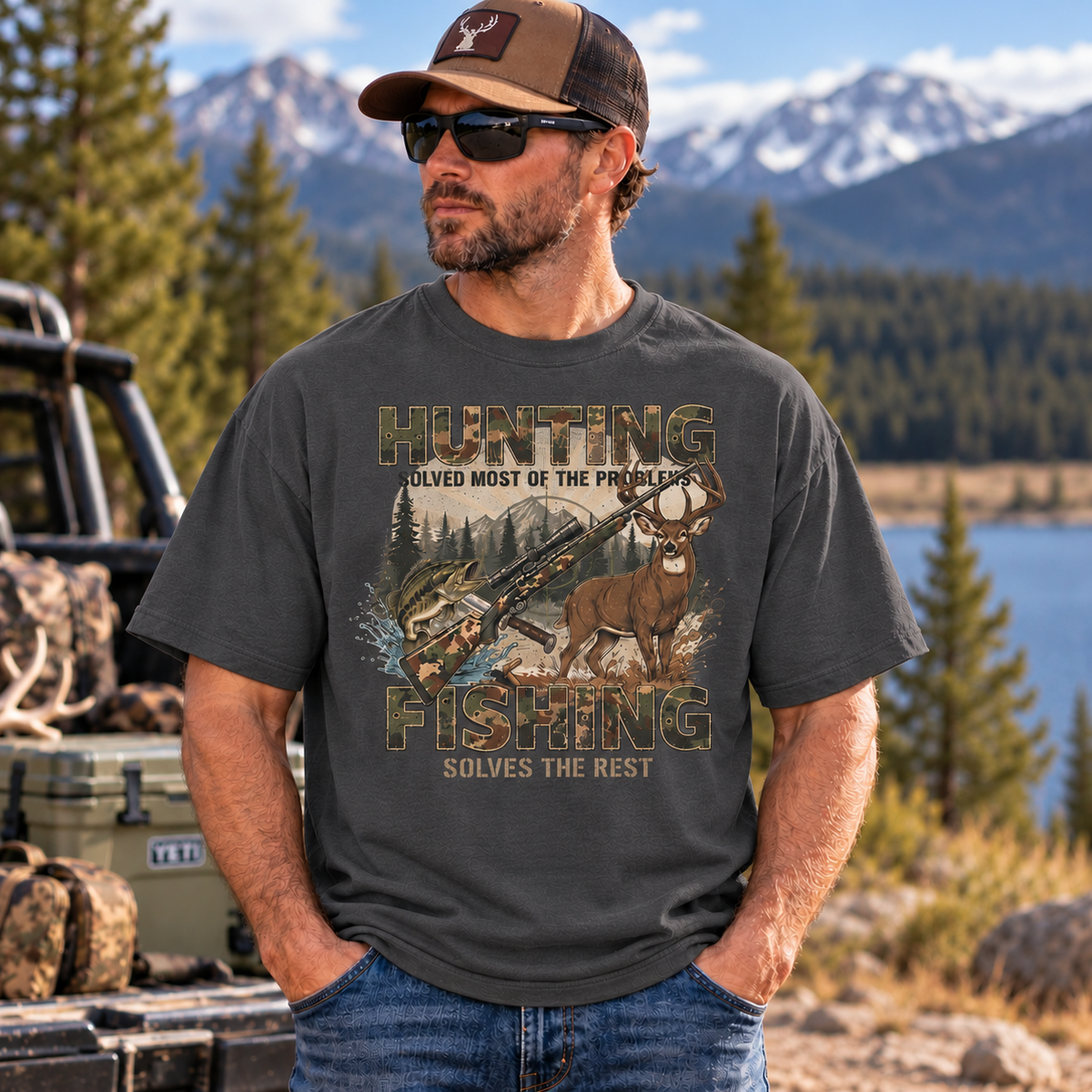Hunting and Fishing Outdoors Graphic Oversized Boxy T-Shirt