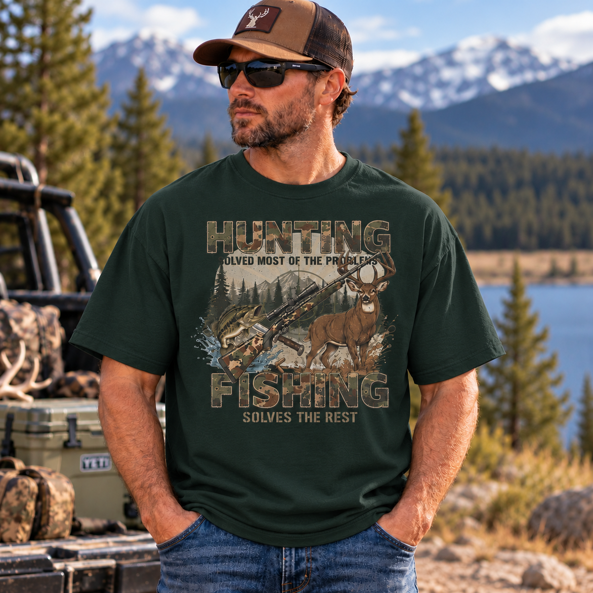 Hunting and Fishing Outdoors Graphic Oversized Boxy T-Shirt