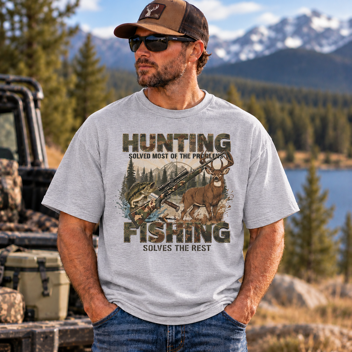 Hunting and Fishing Outdoors Graphic Oversized Boxy T-Shirt
