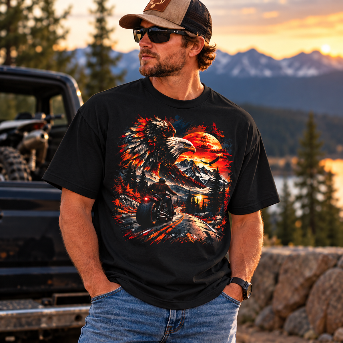 Eagle Sunset Wilderness Motorcycle Graphic Oversized Boxy T-Shirt