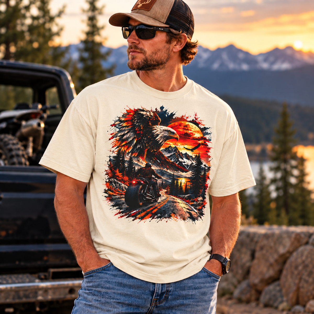 Eagle Sunset Wilderness Motorcycle Graphic Oversized Boxy T-Shirt