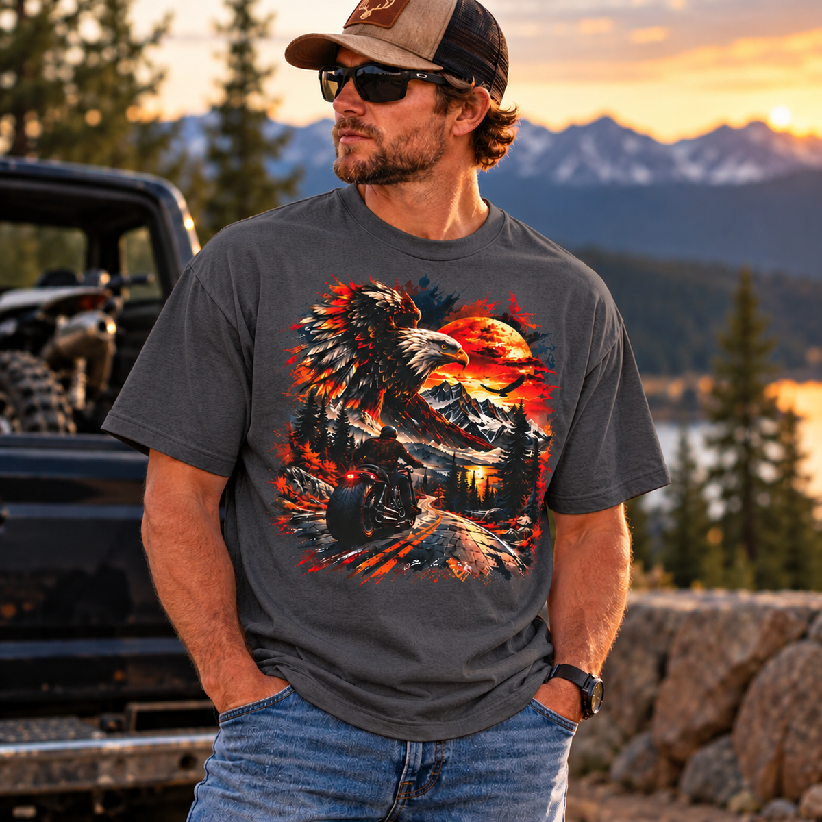 Eagle Sunset Wilderness Motorcycle Graphic Oversized Boxy T-Shirt