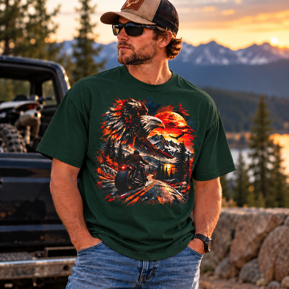 Eagle Sunset Wilderness Motorcycle Graphic Oversized Boxy T-Shirt