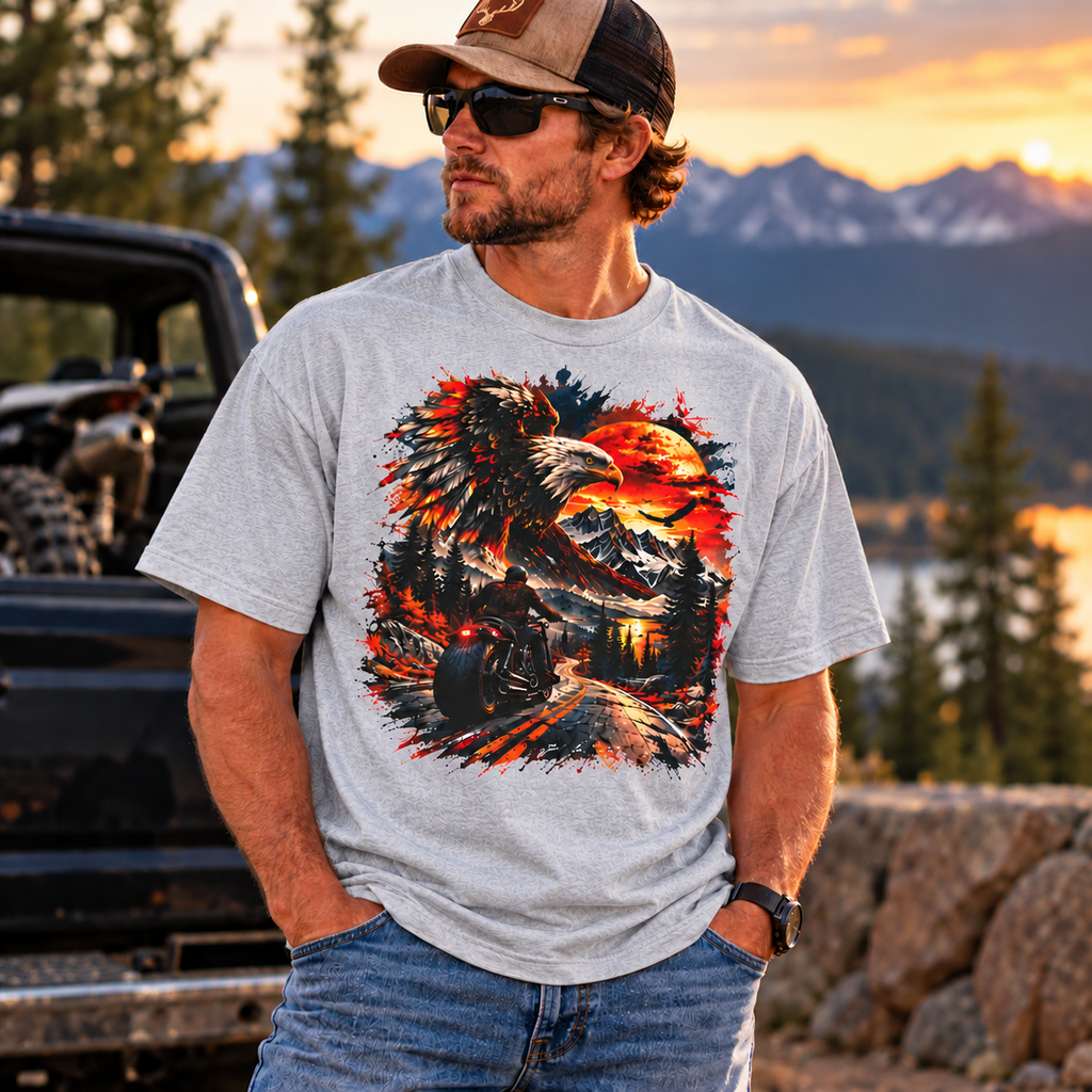 Eagle Sunset Wilderness Motorcycle Graphic Oversized Boxy T-Shirt
