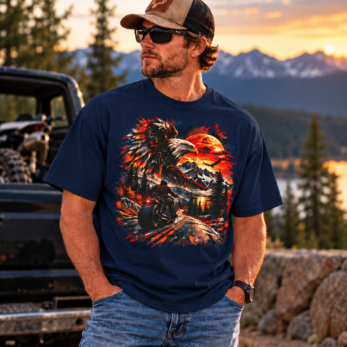 Eagle Sunset Wilderness Motorcycle Graphic Oversized Boxy T-Shirt