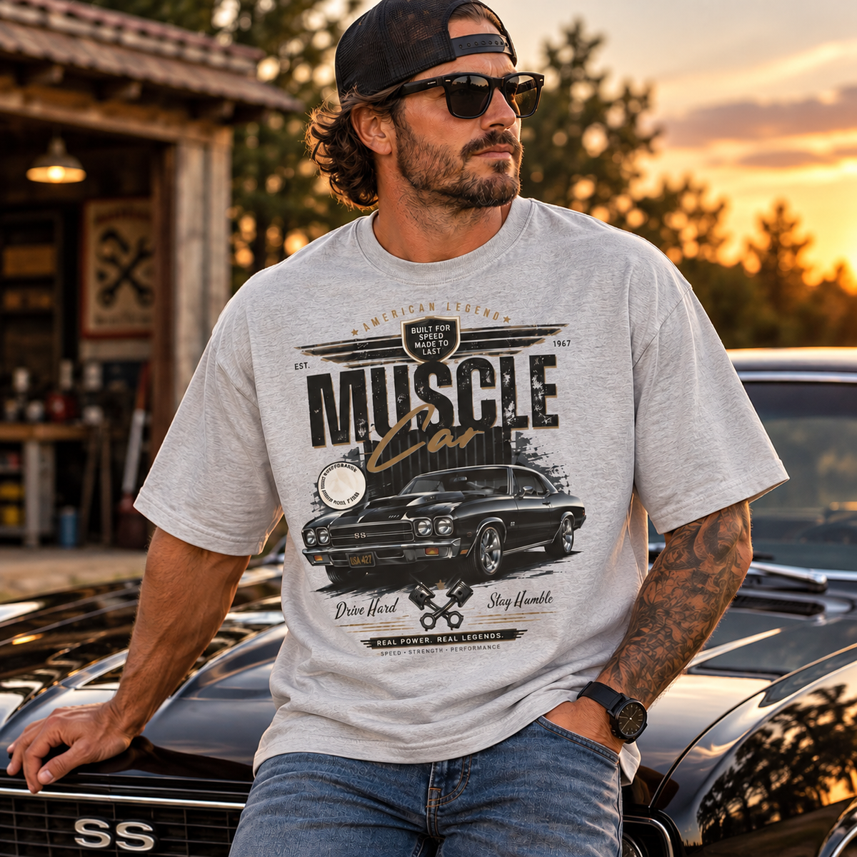 Muscle Car American Legend Graphic Oversized Boxy T-Shirt