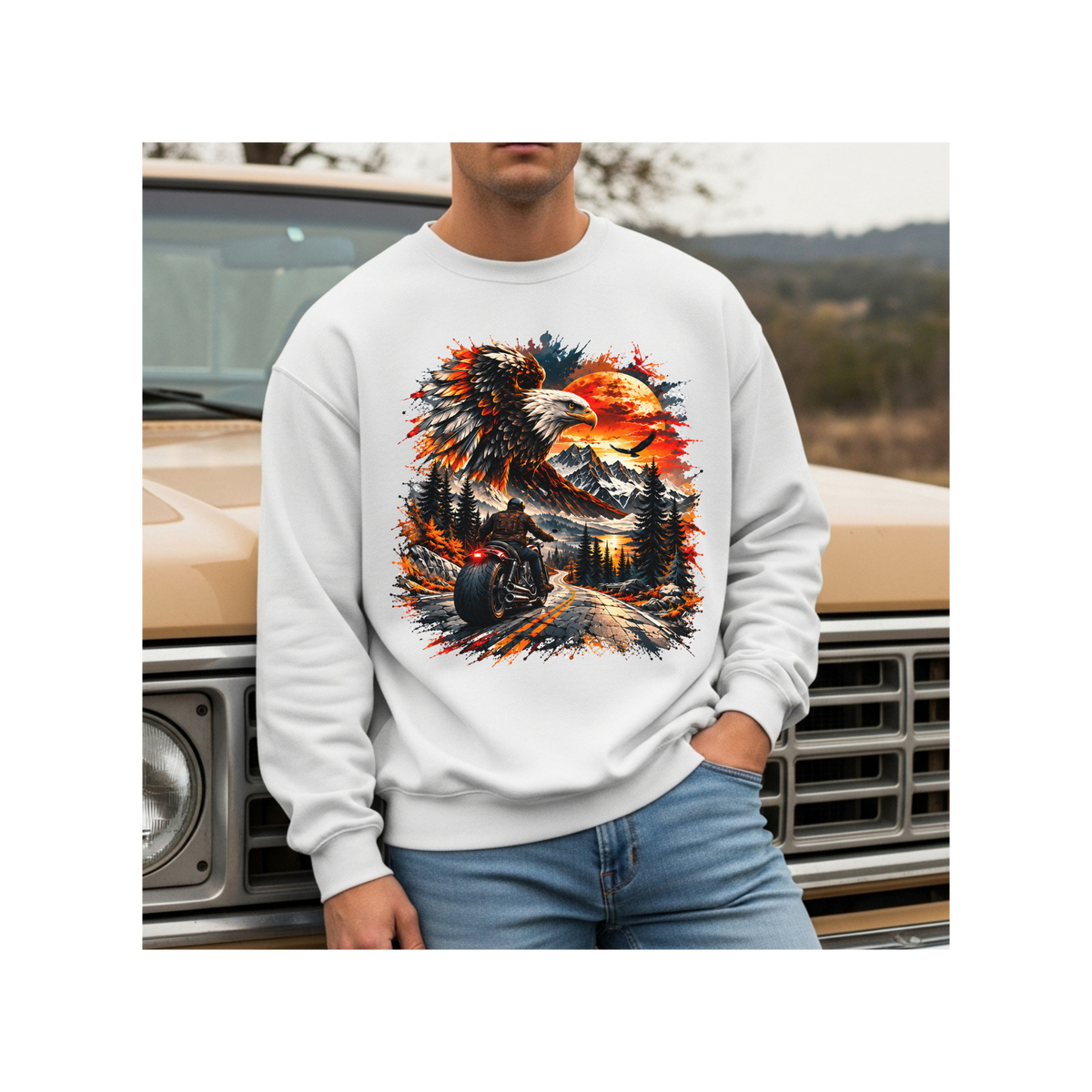 Eagle Sunset Wilderness Motorcycle Graphic Crewneck Sweatshirt