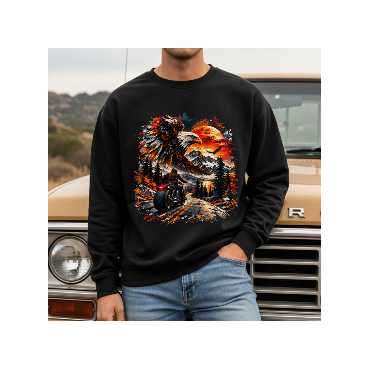 Eagle Sunset Wilderness Motorcycle Graphic Crewneck Sweatshirt