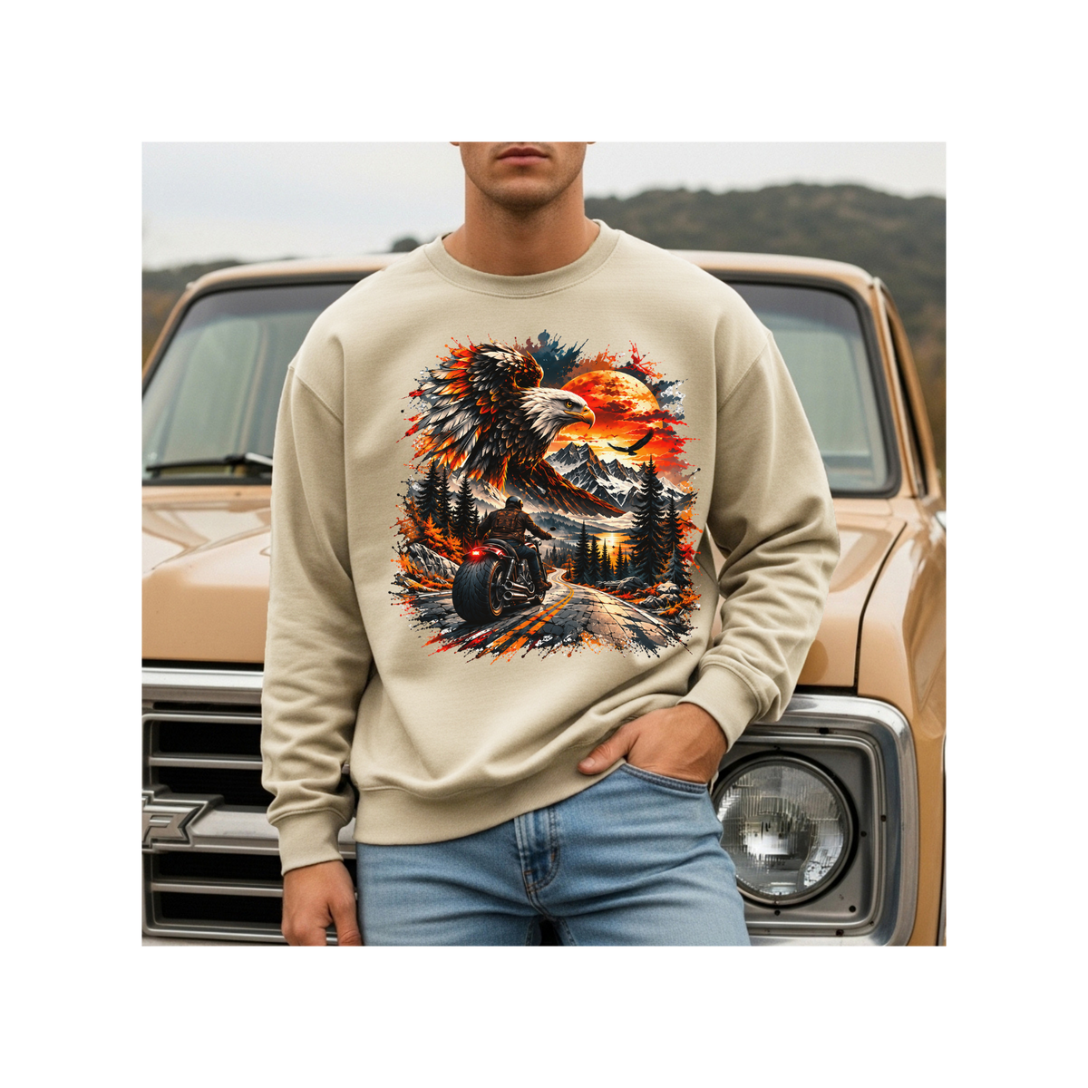 Eagle Sunset Wilderness Motorcycle Graphic Crewneck Sweatshirt
