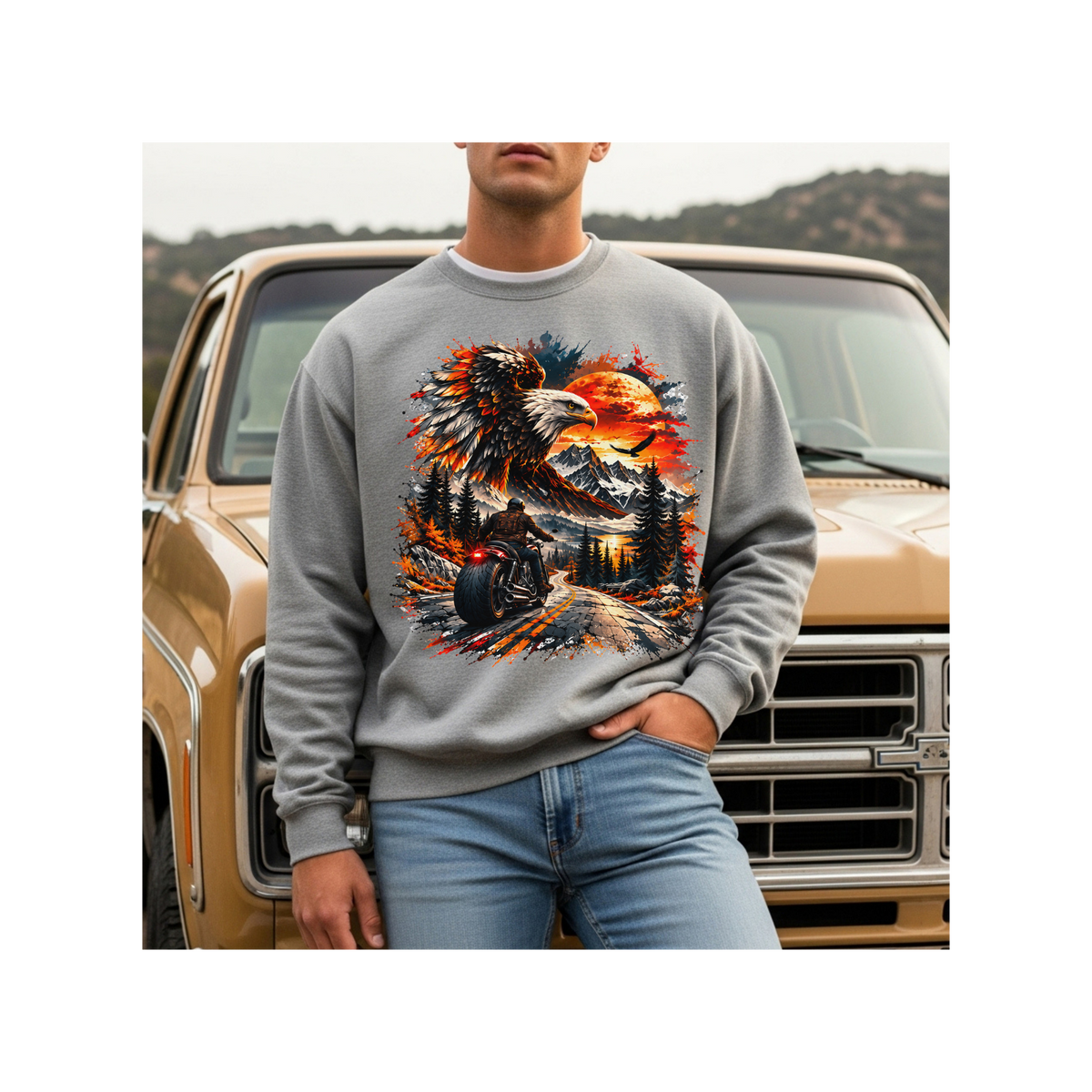 Eagle Sunset Wilderness Motorcycle Graphic Crewneck Sweatshirt