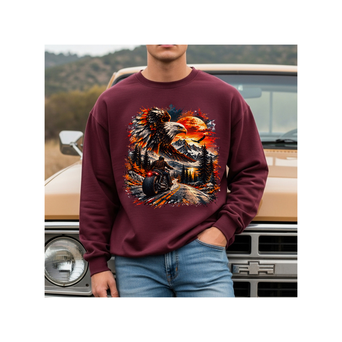 Eagle Sunset Wilderness Motorcycle Graphic Crewneck Sweatshirt