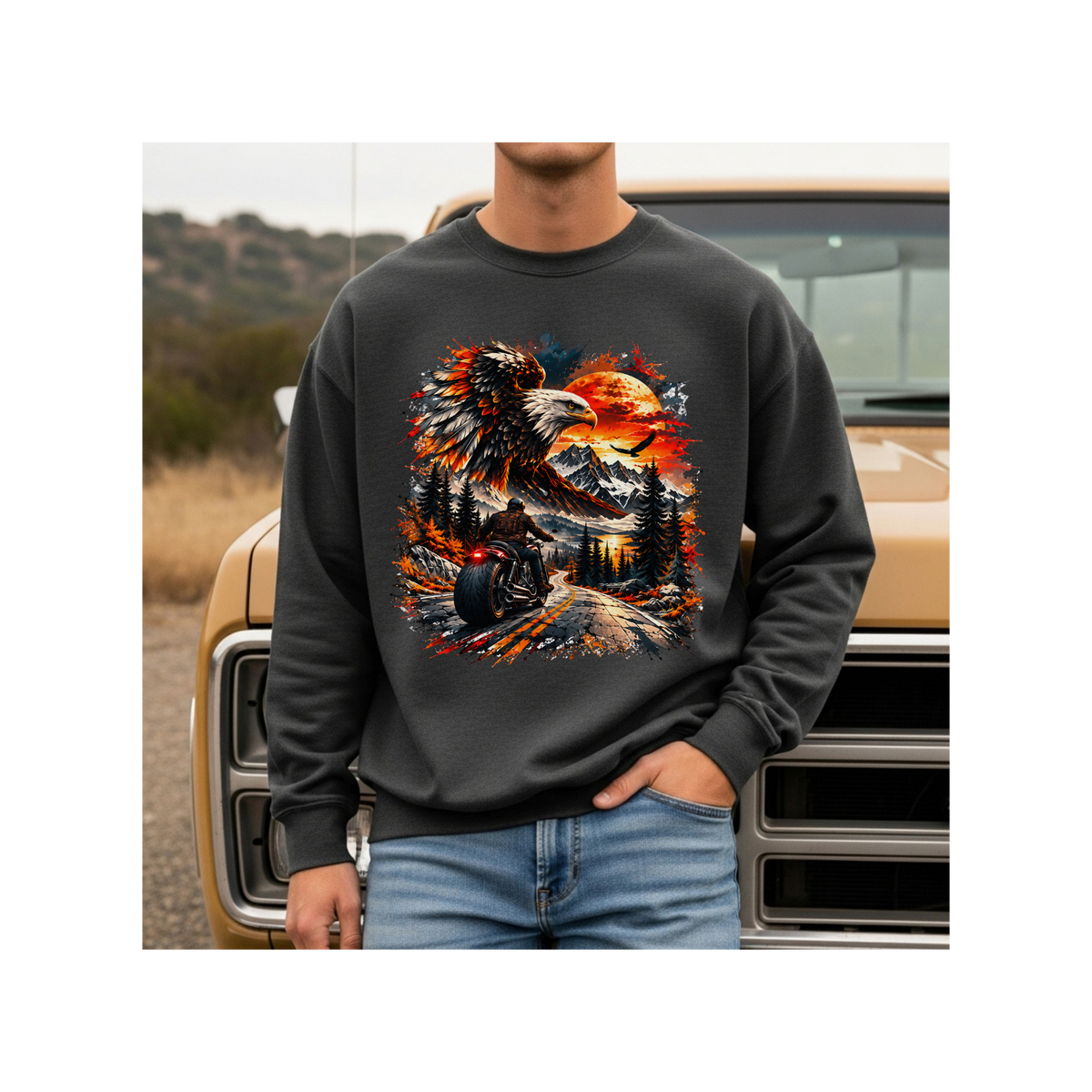 Eagle Sunset Wilderness Motorcycle Graphic Crewneck Sweatshirt