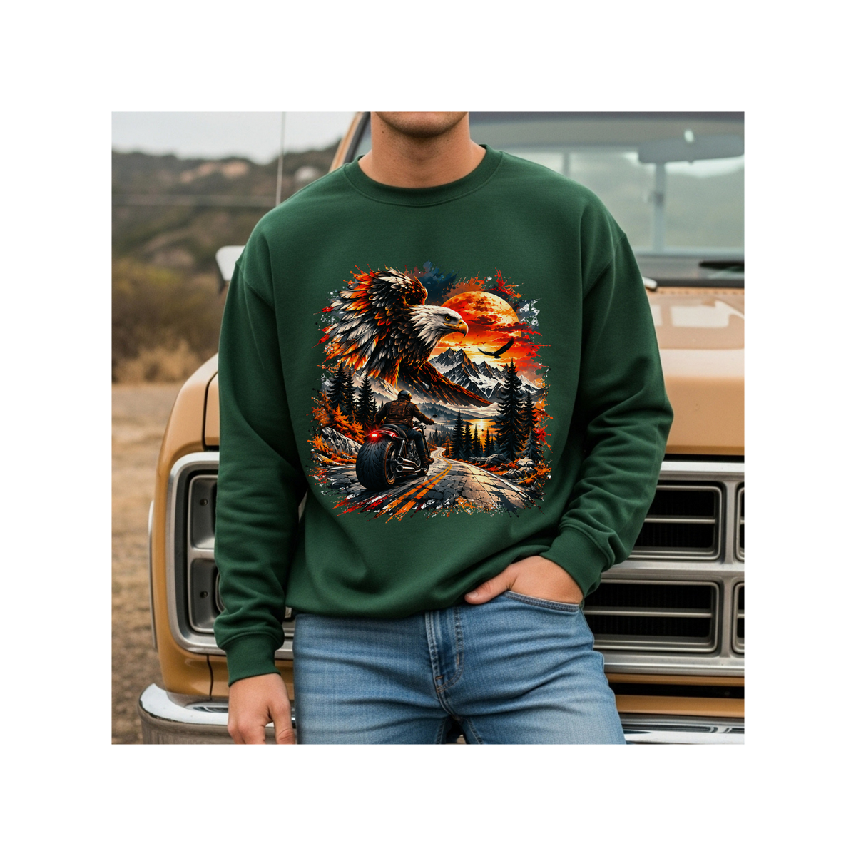 Eagle Sunset Wilderness Motorcycle Graphic Crewneck Sweatshirt