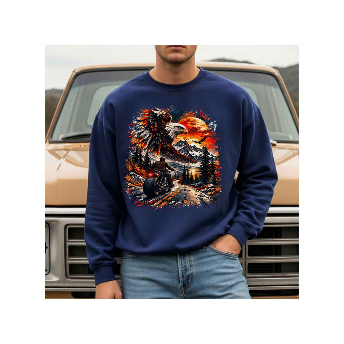 Eagle Sunset Wilderness Motorcycle Graphic Crewneck Sweatshirt