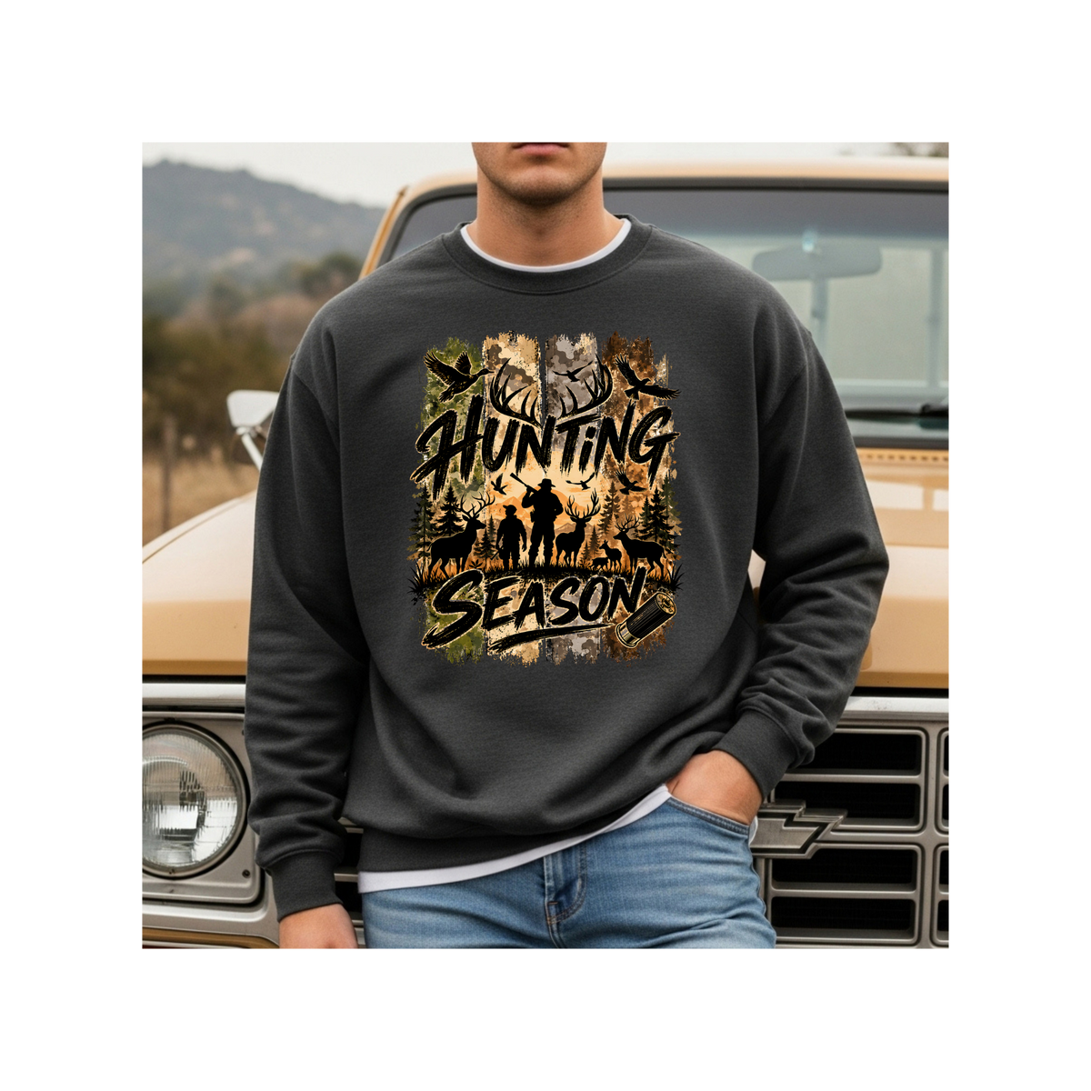Hunting Season - Vintage Camo Wildlife Graphic Crewneck Sweatshirt