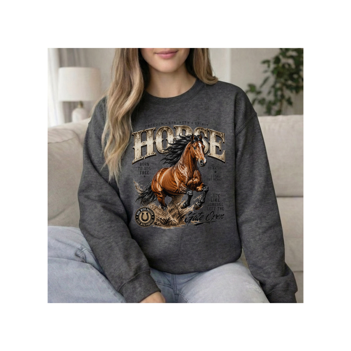 Born to Run Free – Wild Horse Freedom Graphic Crewneck Sweatshirt