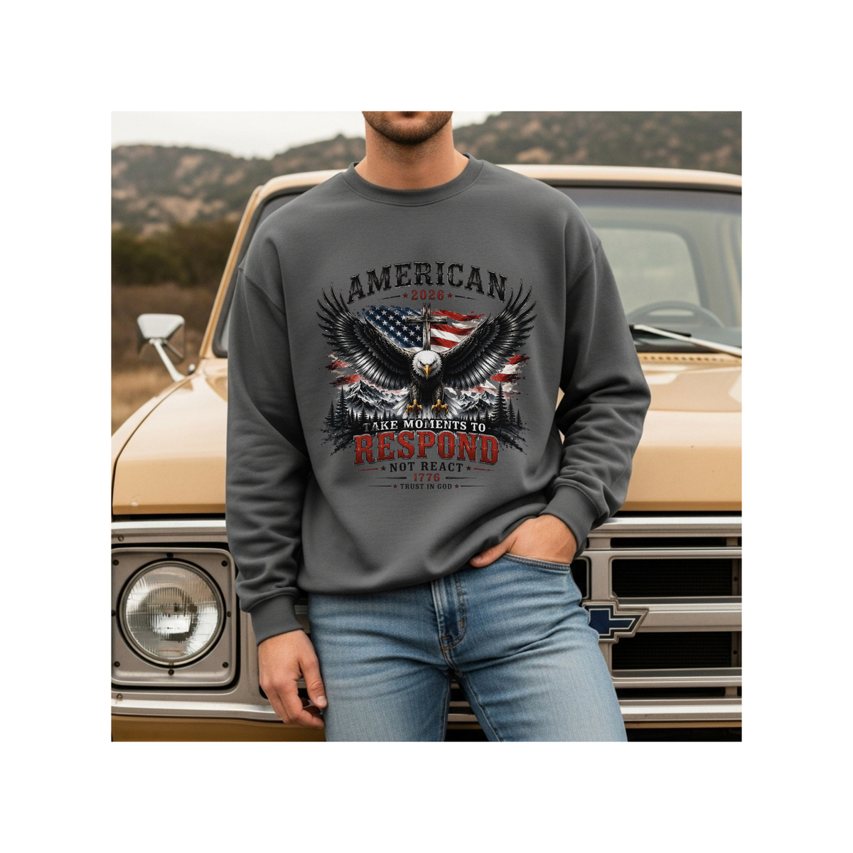 American 2026 Eagle Patriotic - Respond Not React Crewneck Sweatshirt