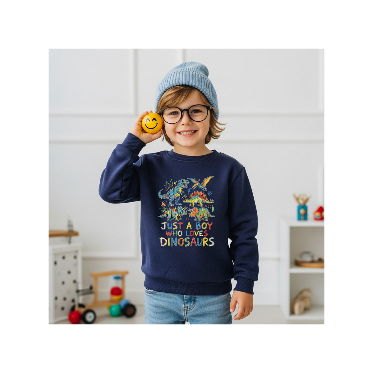 "Just A Boy Who Loves Dinosaurs" Colorful Dinosaur for Boys Crewneck Sweatshirt