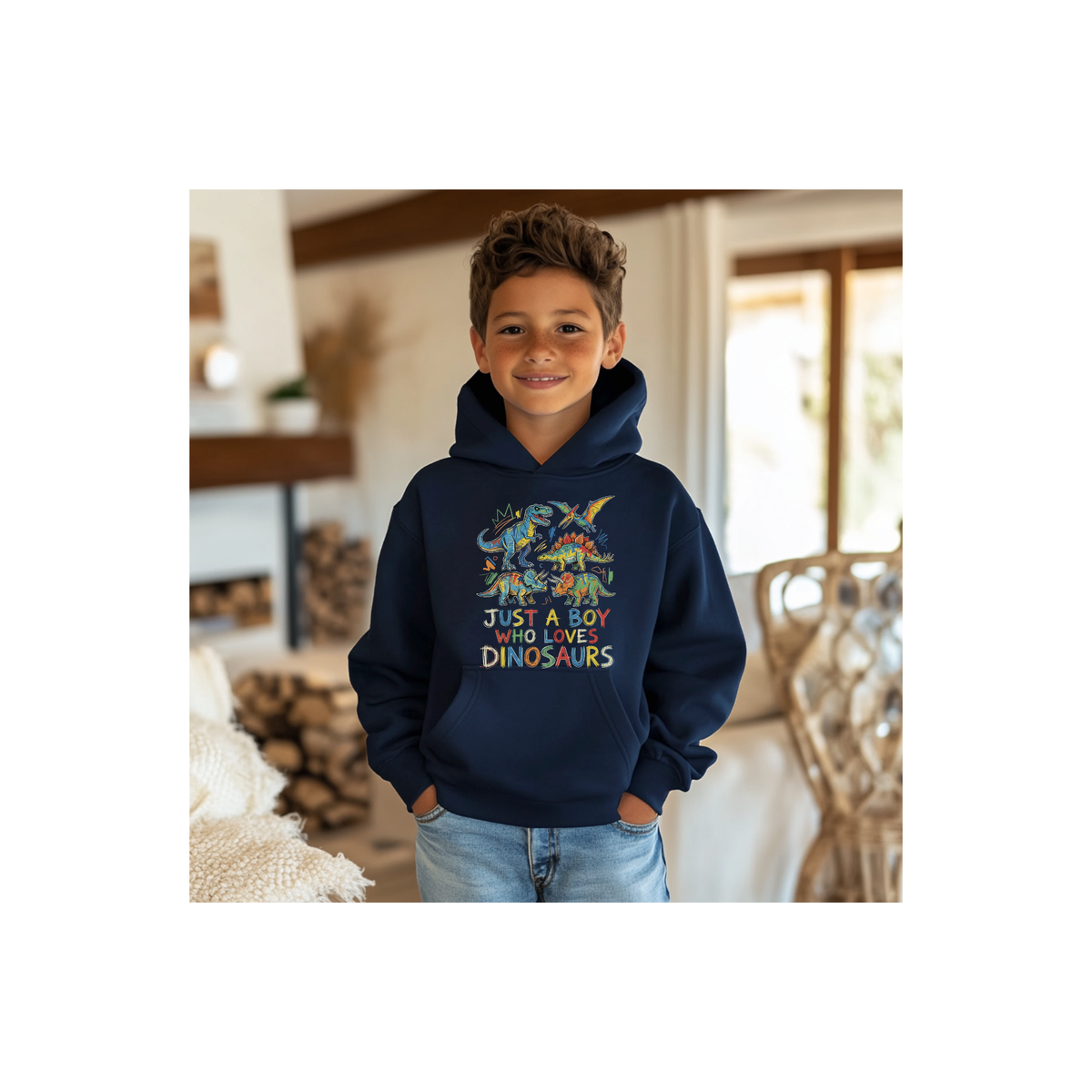 "Just A Boy Who Loves Dinosaurs" Colorful Dinosaur for Boys Hoodie