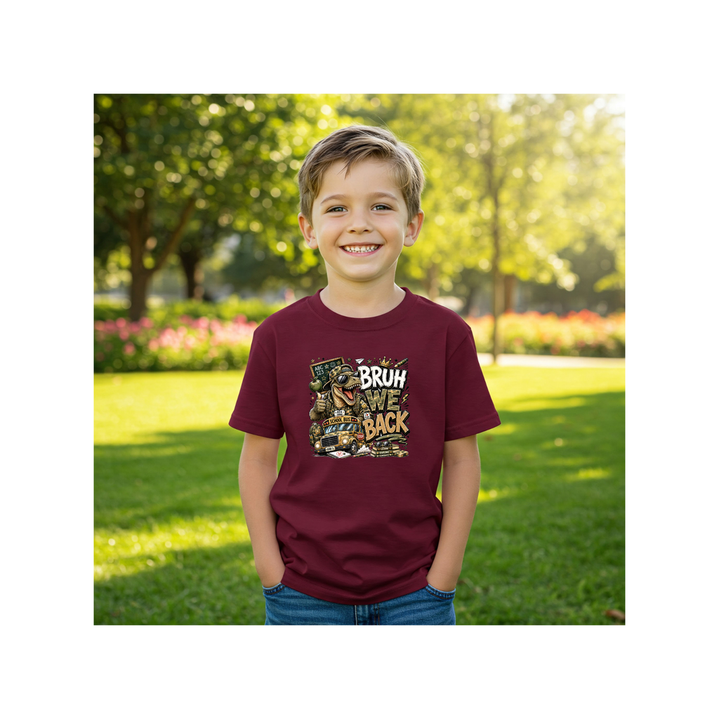 Bruh We Back To School Dinosaur — Funny Dino Graphic Kids Heavy Cotton T-Shirt