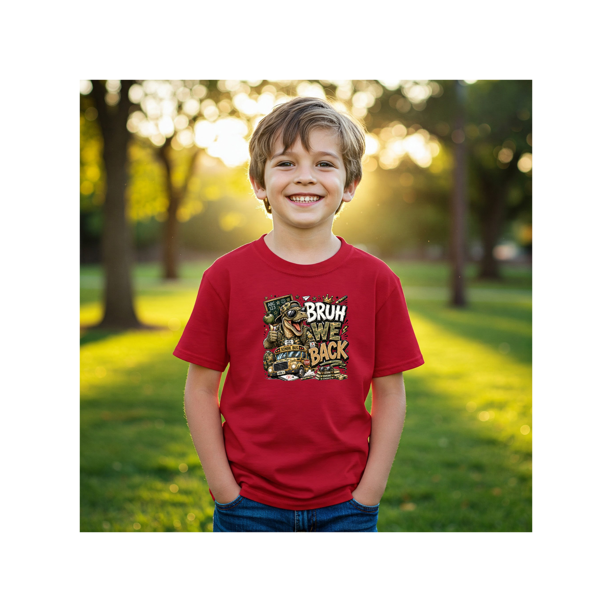 Bruh We Back To School Dinosaur — Funny Dino Graphic Kids Heavy Cotton T-Shirt
