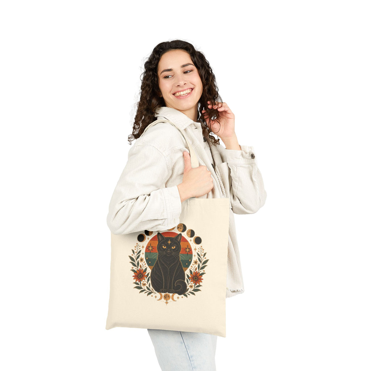 Mystic Black Cat Moon Phases Canvas Tote Bag