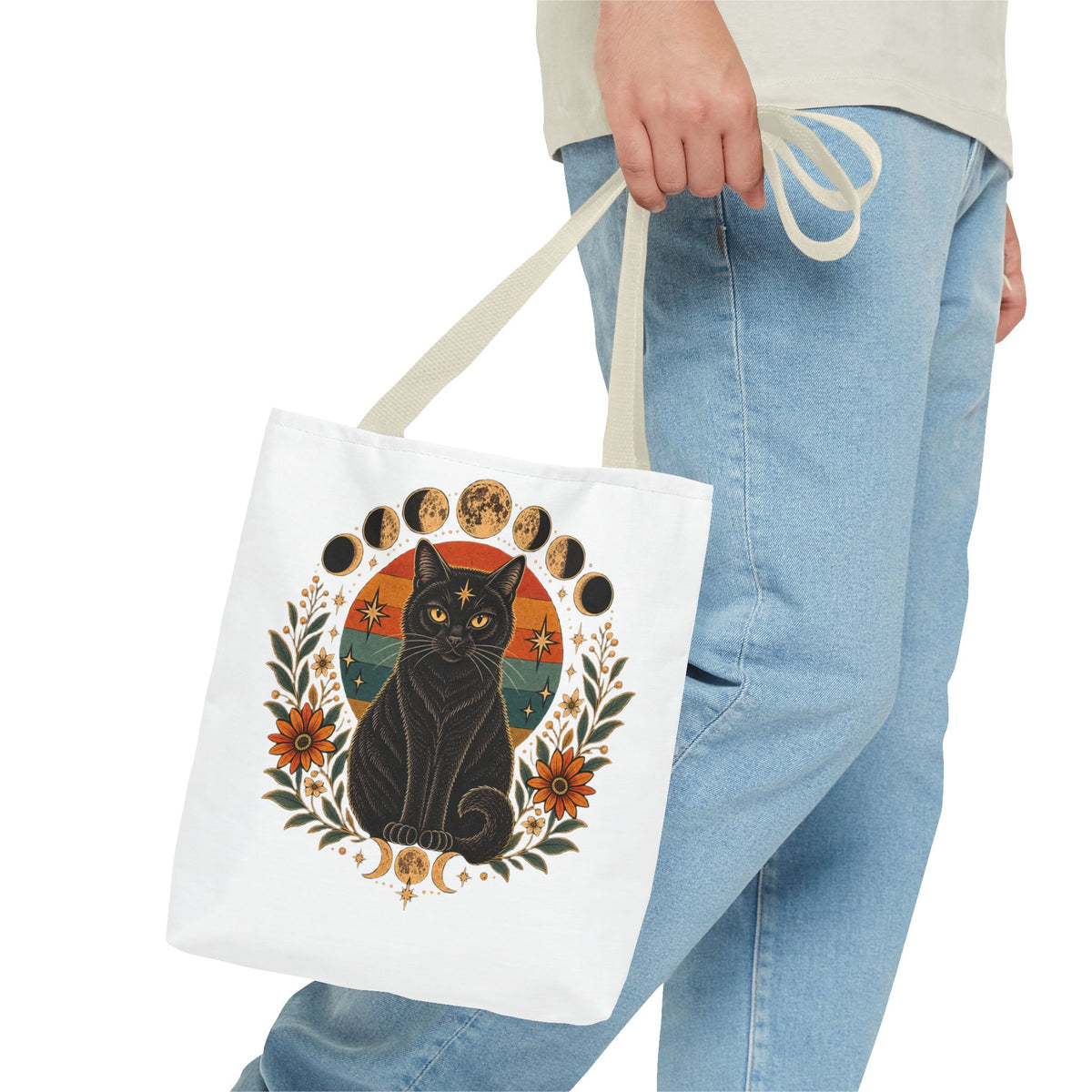 Mystic Black Cat Moon Phases Tote Bag