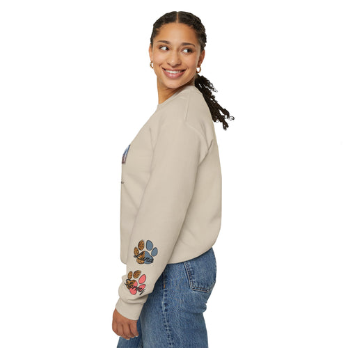 "Cat Mom" Floral Paw Print Cozy Crewneck Sweatshirt (Sleeve Customizable)