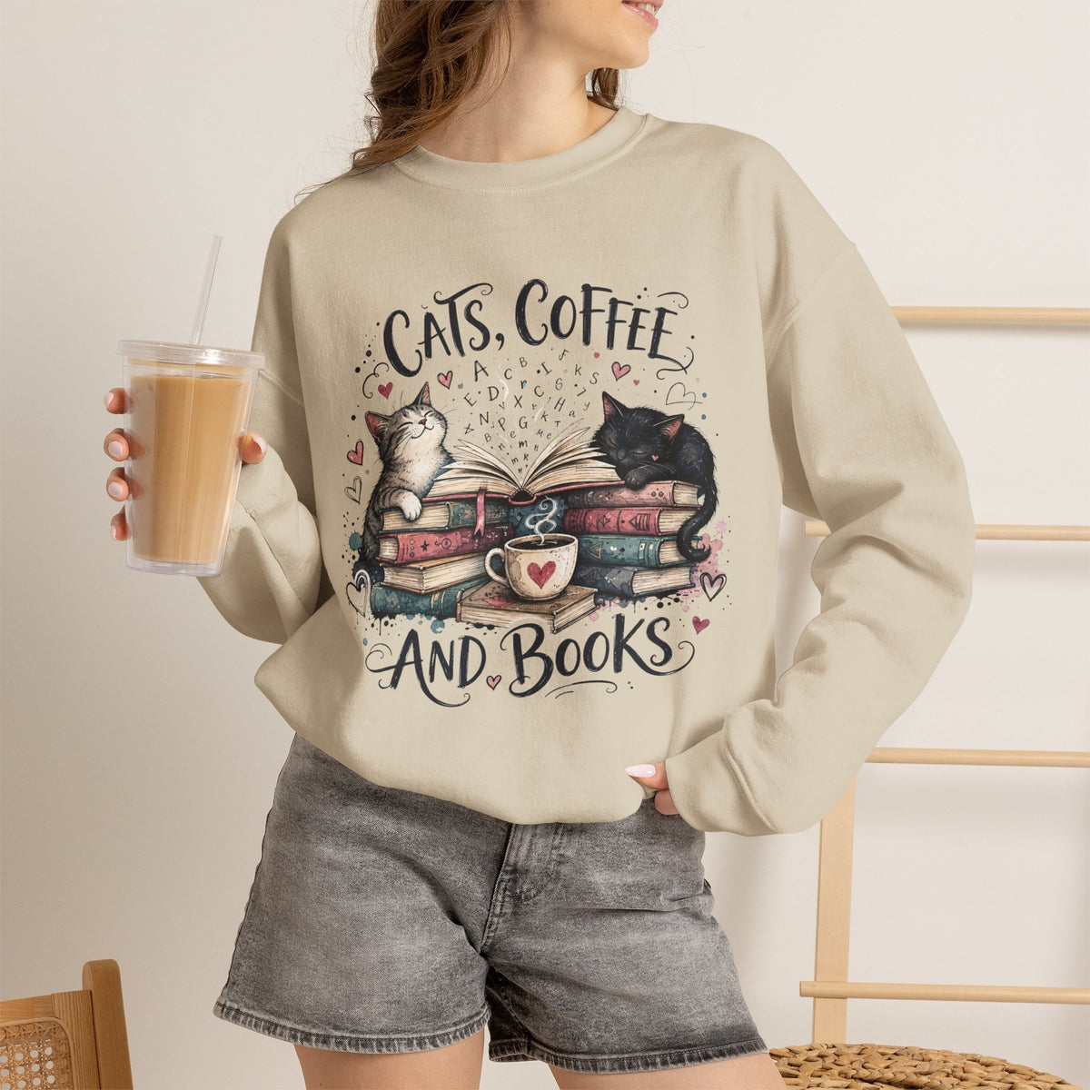 Cats, Coffee and Books Crewneck Sweatshirt