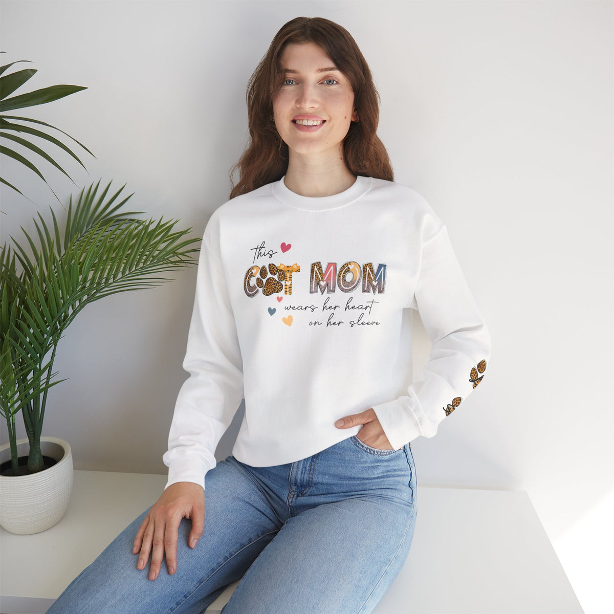 "Cat Mom" Floral Paw Print Cozy Crewneck Sweatshirt (Sleeve Customizable)