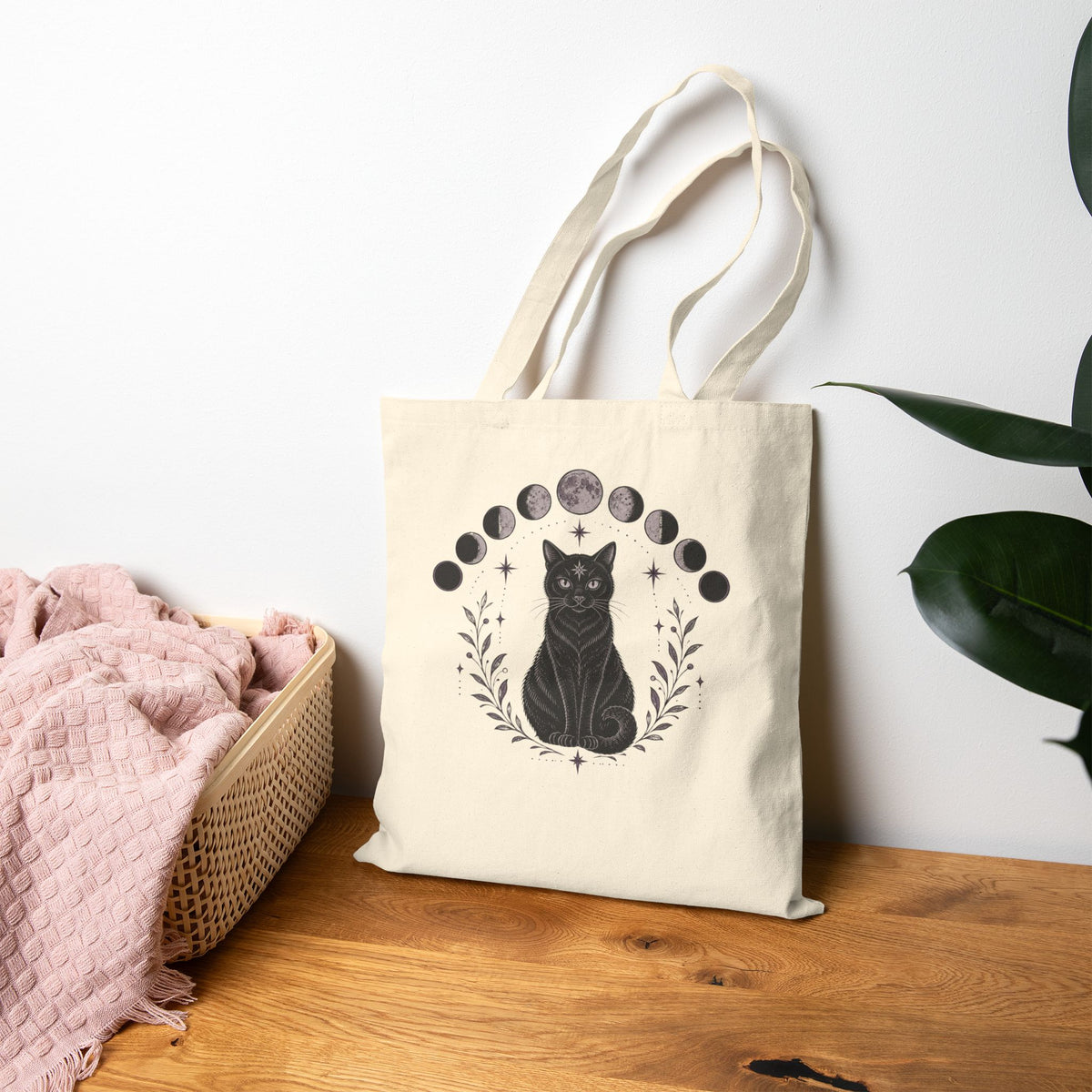 Black Cat Moon Phases Canvas Tote Bag