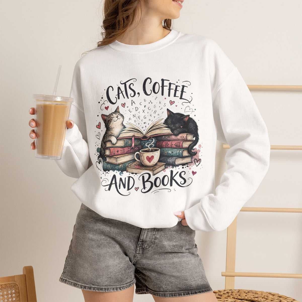 Cats, Coffee and Books Crewneck Sweatshirt