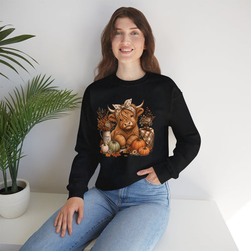 Autumn Highland Cow Cozy Fall Crewneck Sweatshirt