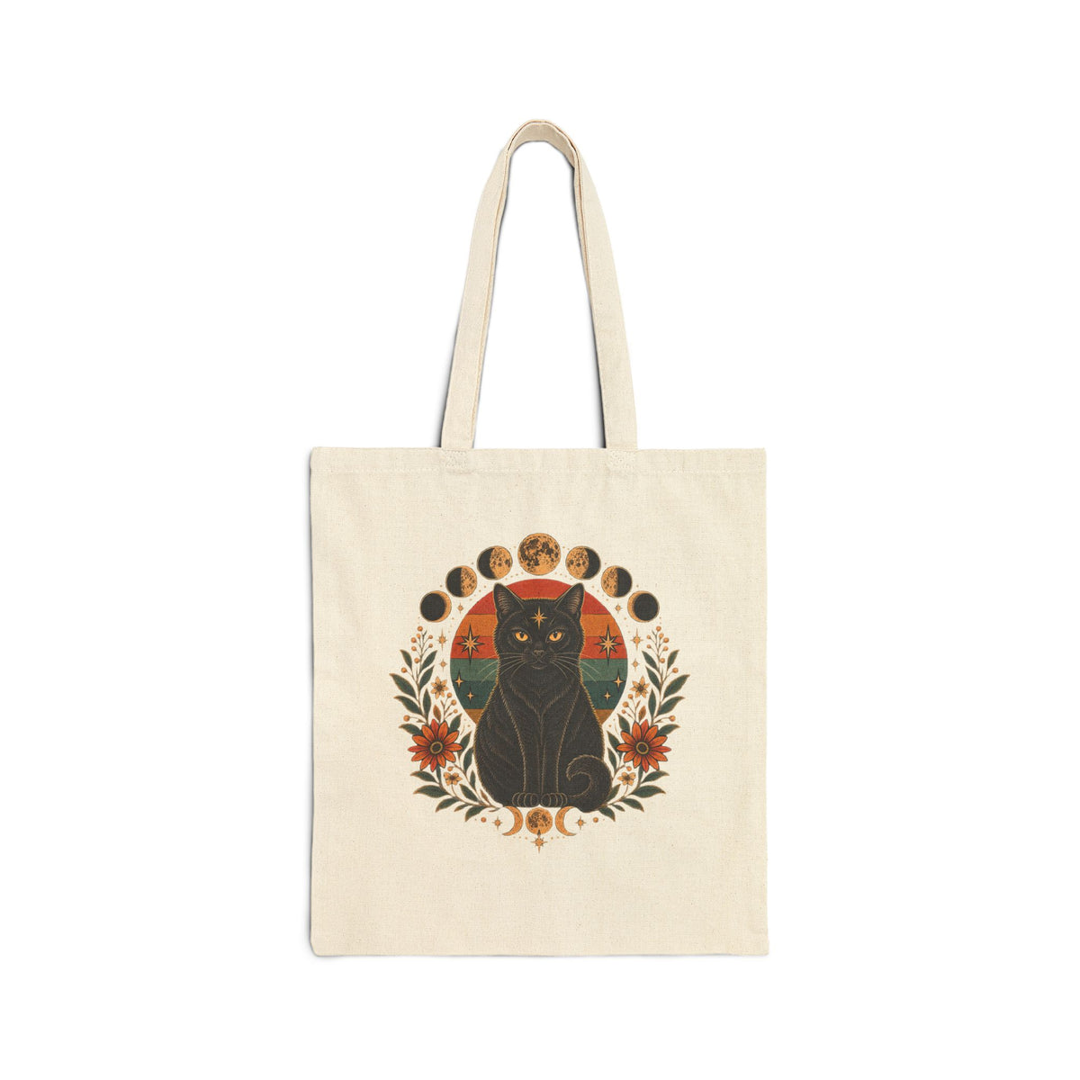 Mystic Black Cat Moon Phases Canvas Tote Bag