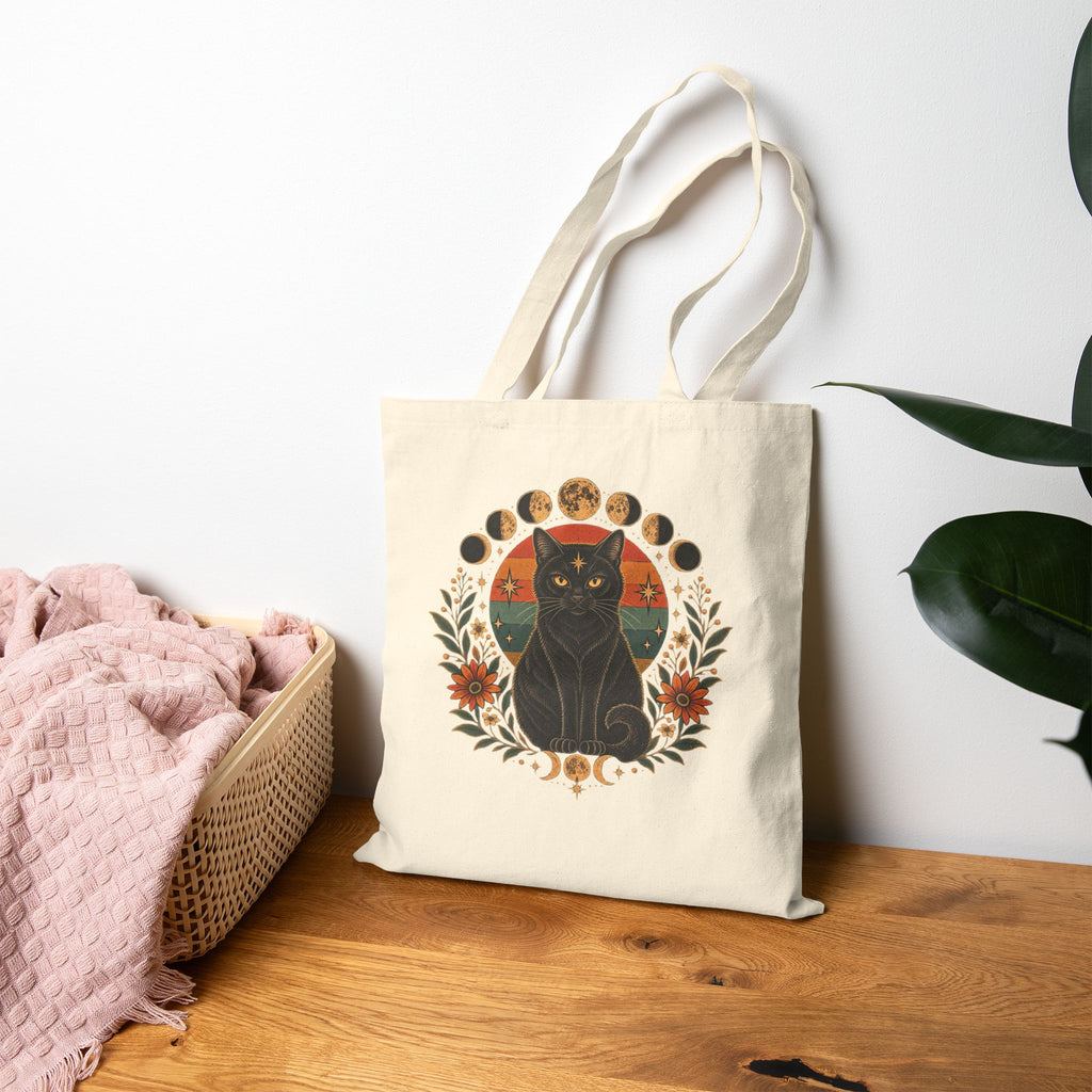 Mystic Black Cat Moon Phases Canvas Tote Bag