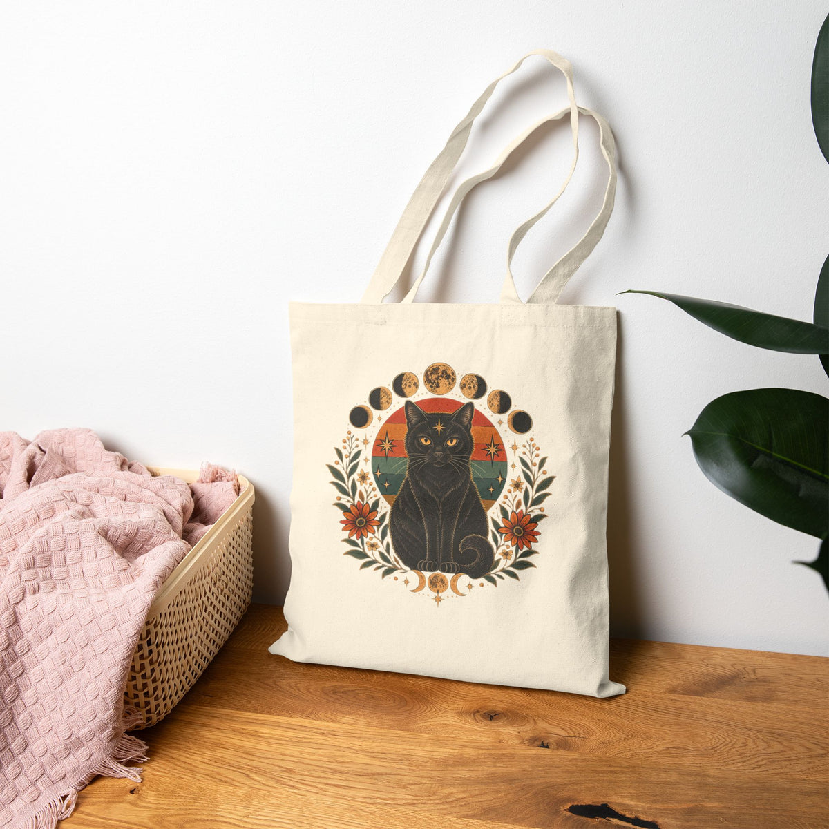 Mystic Black Cat Moon Phases Canvas Tote Bag
