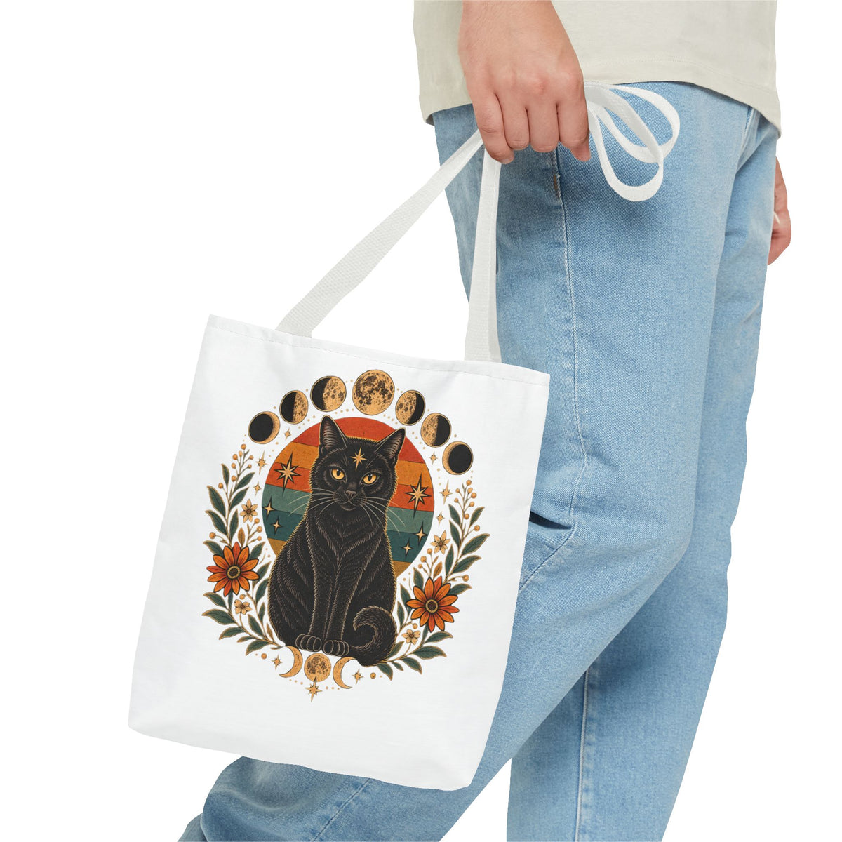 Mystic Black Cat Moon Phases Tote Bag