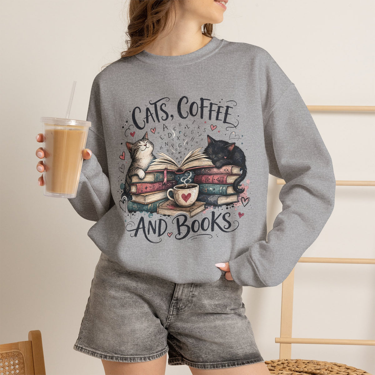 Cats, Coffee and Books Crewneck Sweatshirt